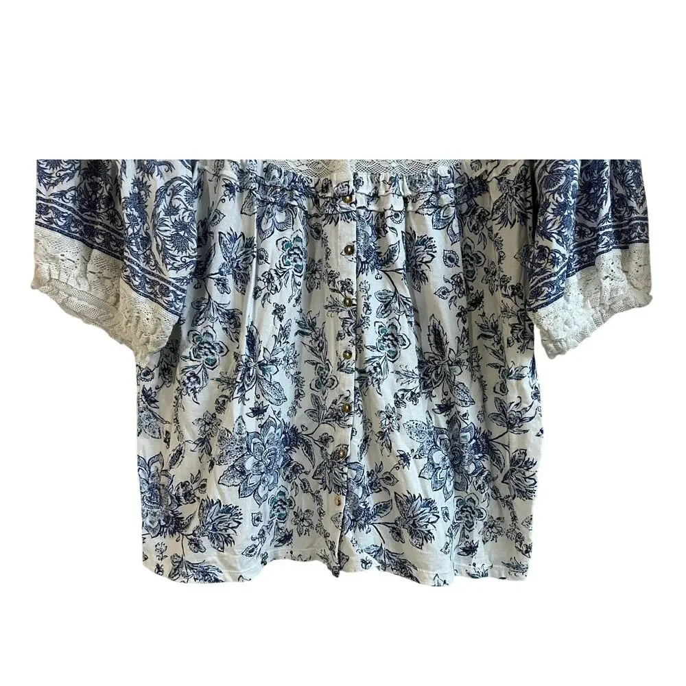 SUNDANCE WOMENS TOP SZ MEDIUM LACE DETAIL RUFFLED  COTTON BLEND WHITE BLUE BOHO - Picture 5 of 11